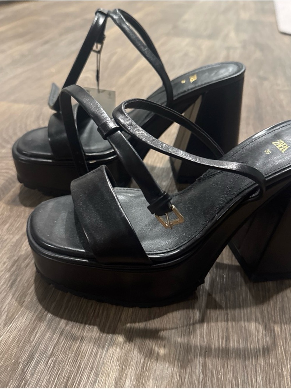 Zara Black Strappy Platform Block Heel Sandals